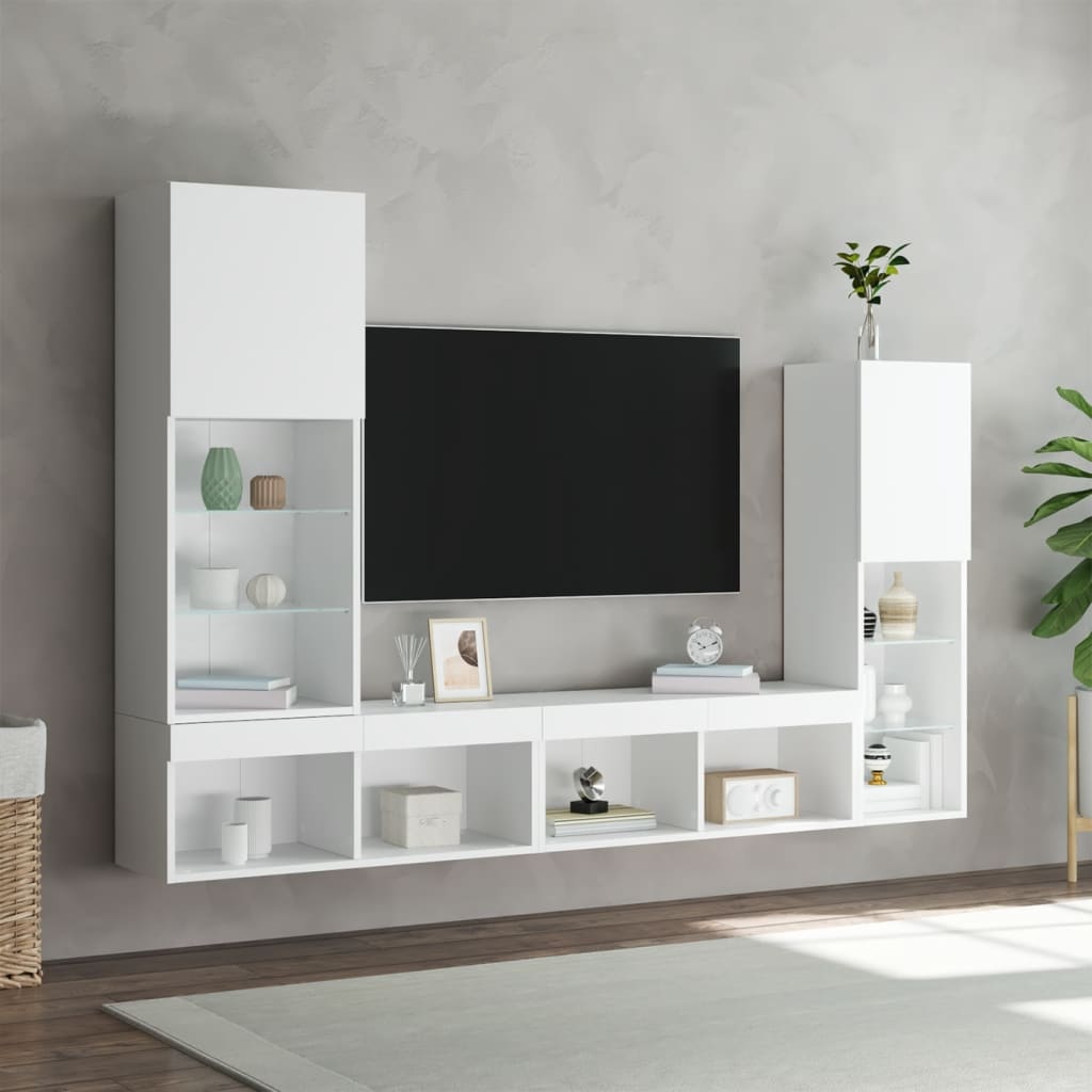 Mobili TV a Muro con LED 4pz Bianchi in Legno Multistrato - homemem39