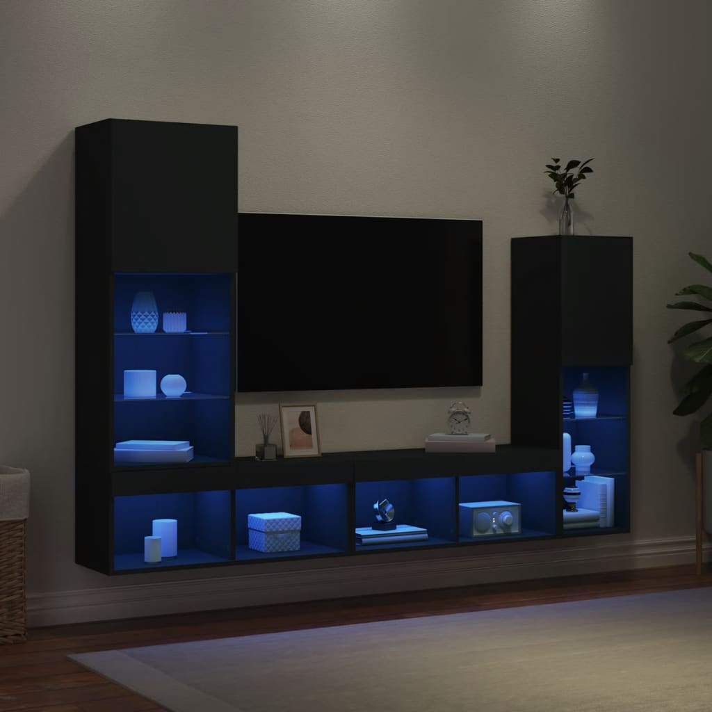 Mobili TV a Muro con LED 4pz Neri in Legno Multistrato - homemem39