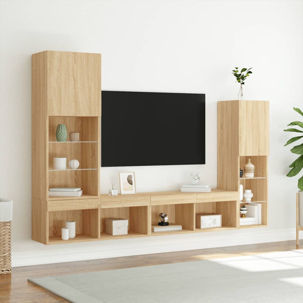 Mobili TV a Muro con LED 4pz Rovere Sonoma Legno Multistrato