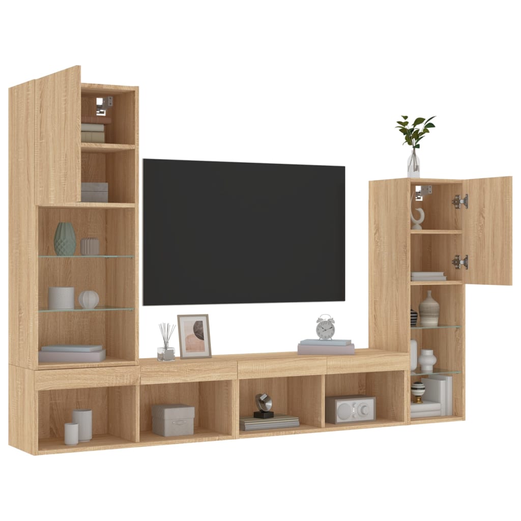 Mobili TV a Muro con LED 4pz Rovere Sonoma Legno Multistrato