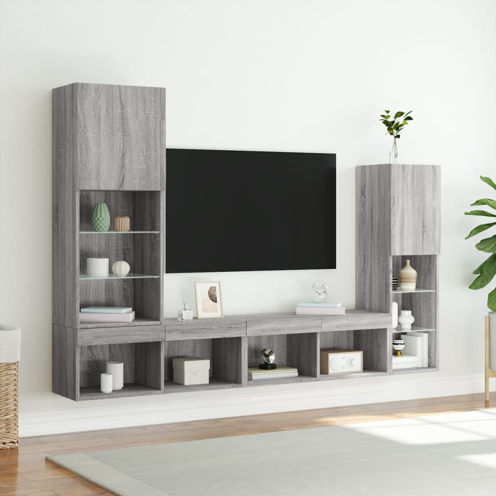 Mobili TV a Muro con LED 4pz Grigio Sonoma in Legno Multistrato