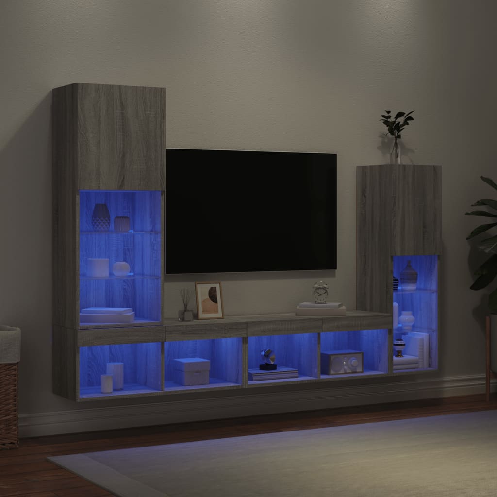 Mobili TV a Muro con LED 4pz Grigio Sonoma in Legno Multistrato