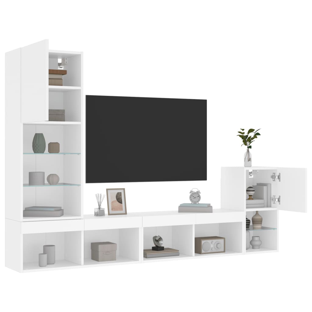 Mobili TV a Muro con LED 4pz Bianchi in Legno Multistrato - homemem39