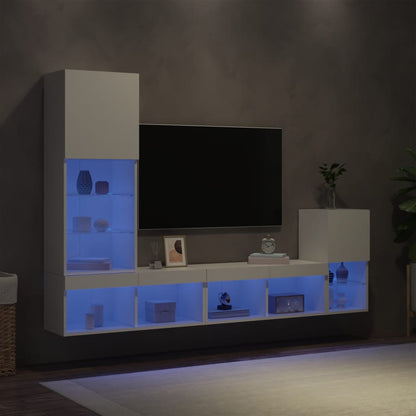 Mobili TV a Muro con LED 4pz Bianchi in Legno Multistrato