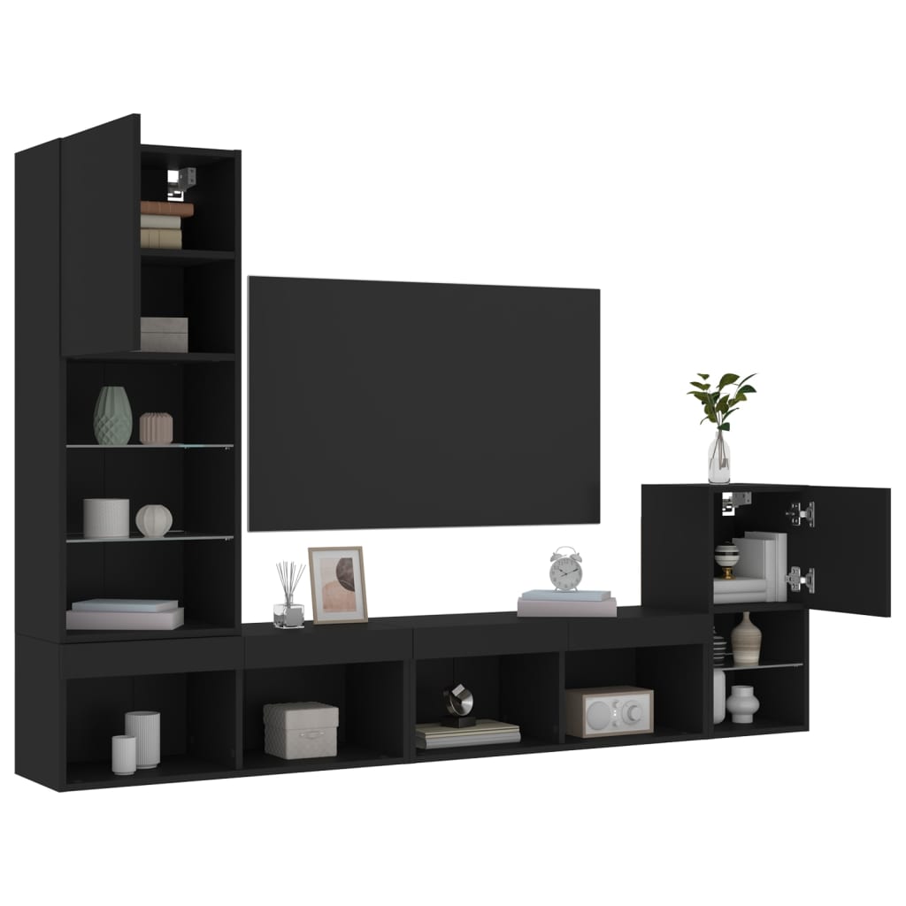 Mobili TV a Muro con LED 4pz Neri in Legno Multistrato