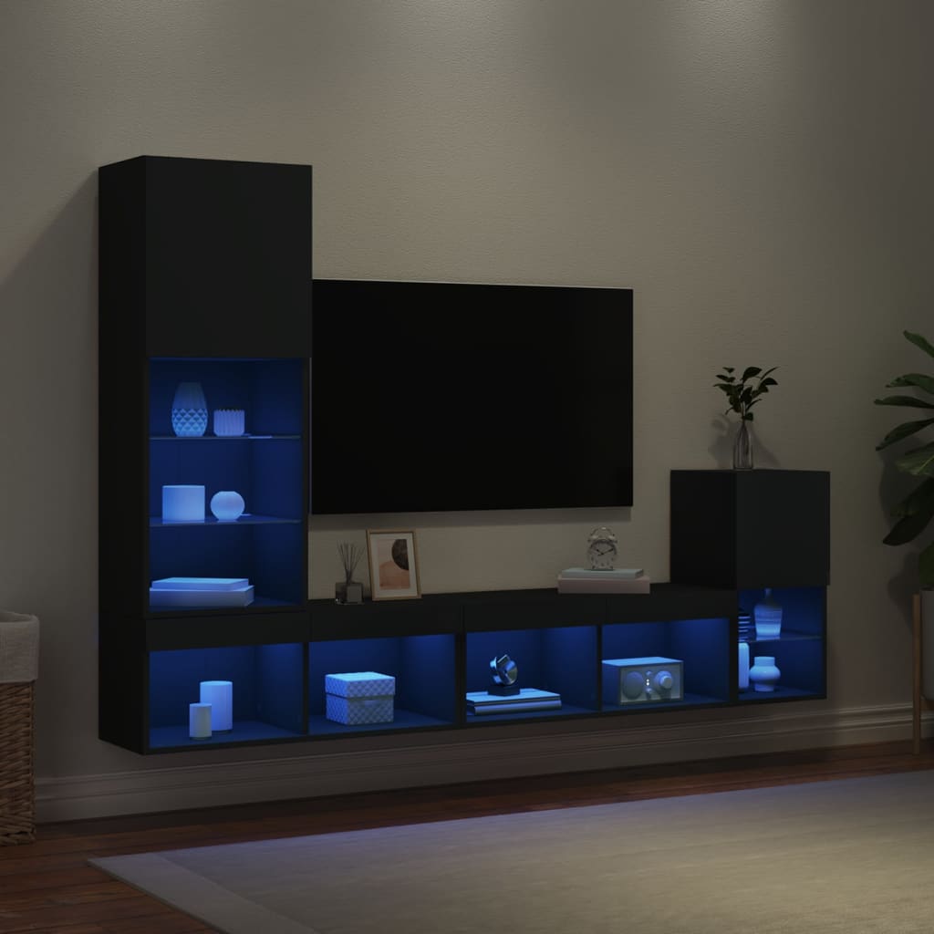 Mobili TV a Muro con LED 4pz Neri in Legno Multistrato - homemem39