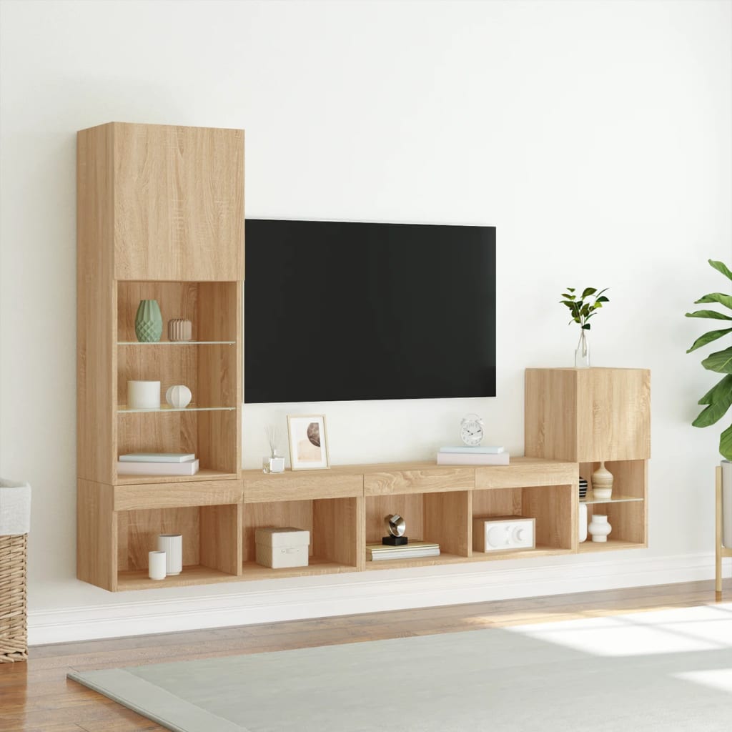 Mobili TV a Muro con LED 4pz Rovere Sonoma Legno Multistrato - homemem39