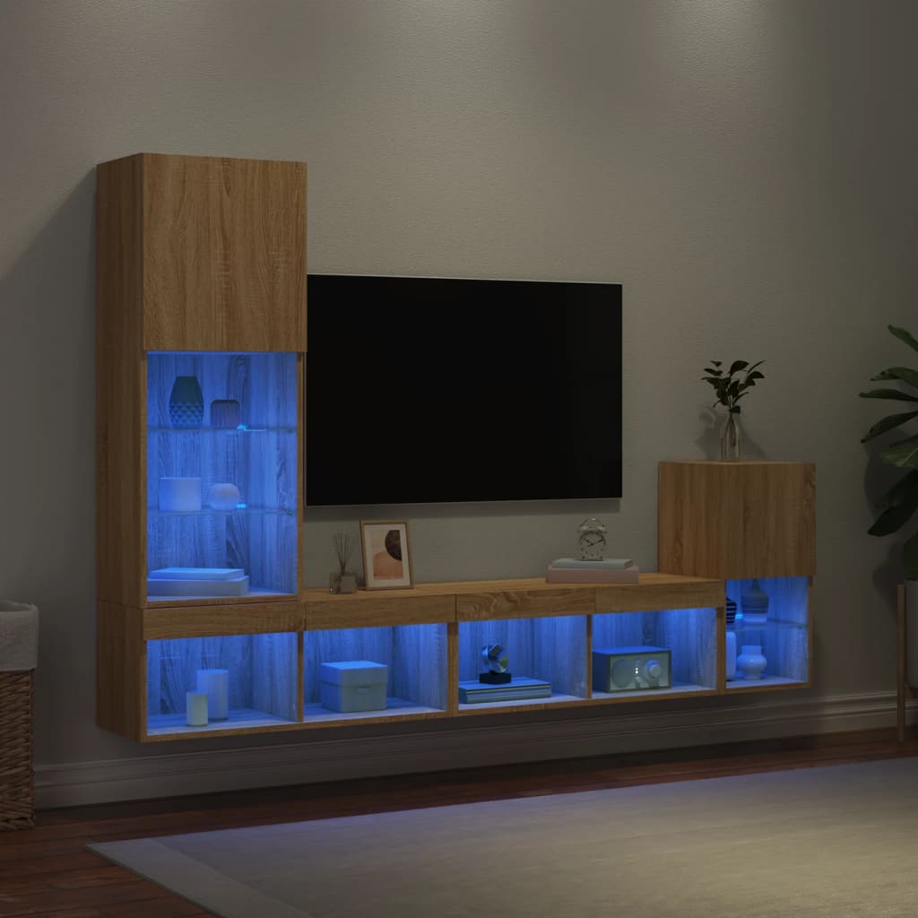 Mobili TV a Muro con LED 4pz Rovere Sonoma Legno Multistrato