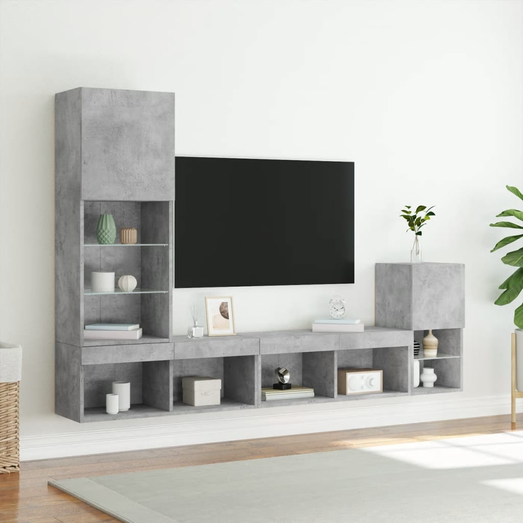 Mobili TV a Muro con LED 4pz Grigio Cemento Legno Multistrato