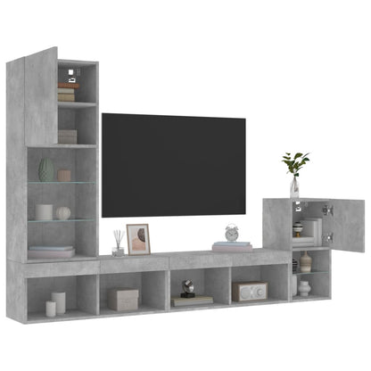 Mobili TV a Muro con LED 4pz Grigio Cemento Legno Multistrato