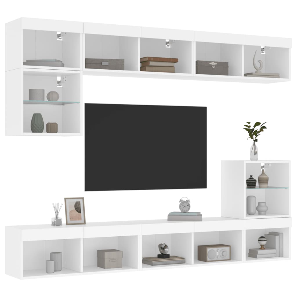 Mobili TV a Muro con LED 8pz Bianchi in Legno Multistrato - homemem39