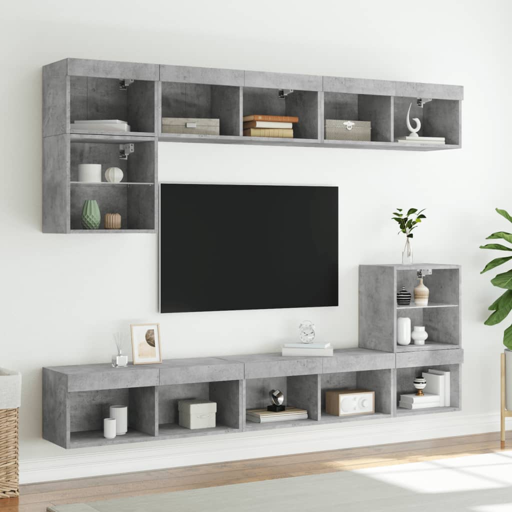 Mobili TV a Muro con LED 8pz Grigio Cemento Legno Multistrato