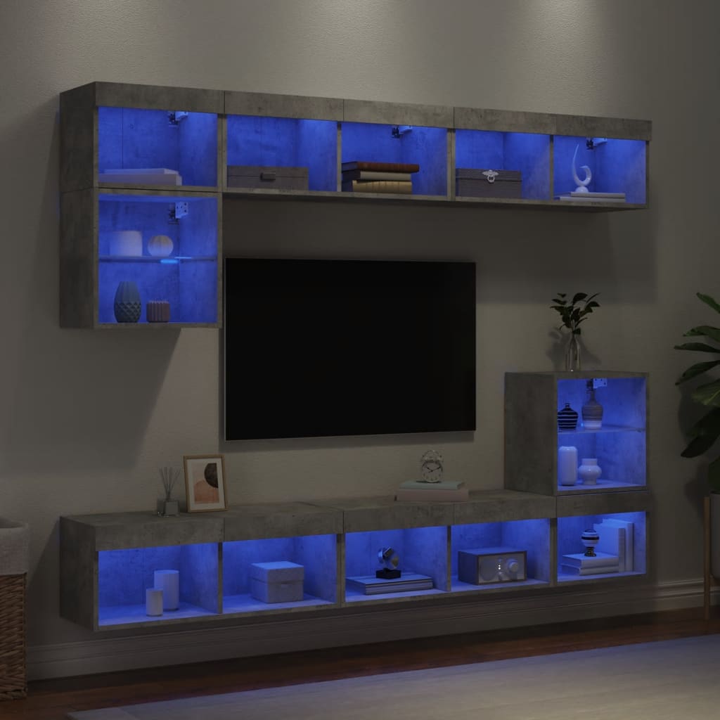 Mobili TV a Muro con LED 8pz Grigio Cemento Legno Multistrato - homemem39