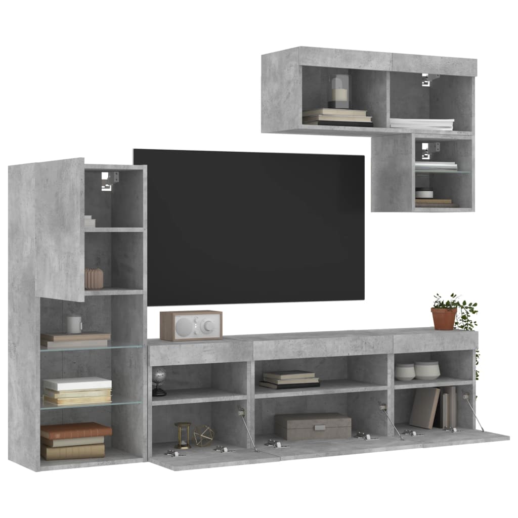 Mobili TV a Muro con LED 6pz Grigio Cemento Legno Multistrato - homemem39