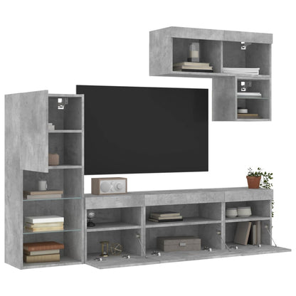 Mobili TV a Muro con LED 6pz Grigio Cemento Legno Multistrato