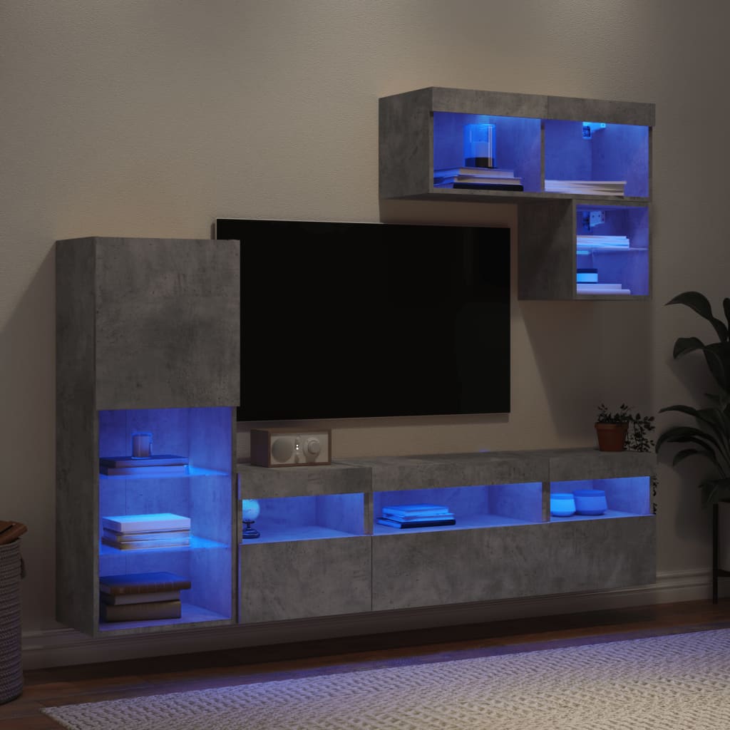 Mobili TV a Muro con LED 6pz Grigio Cemento Legno Multistrato - homemem39