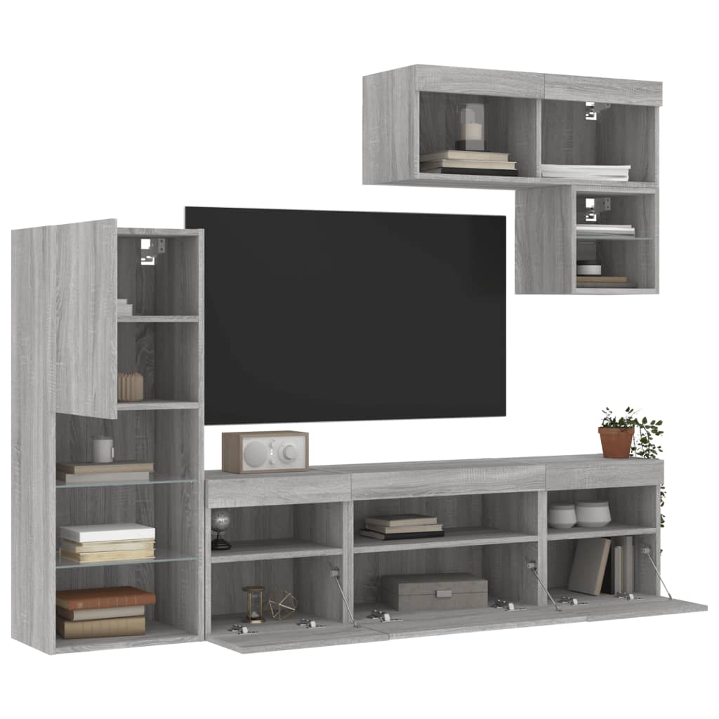 Mobili TV a Muro con LED 6pz Grigio Sonoma Legno Multistrato