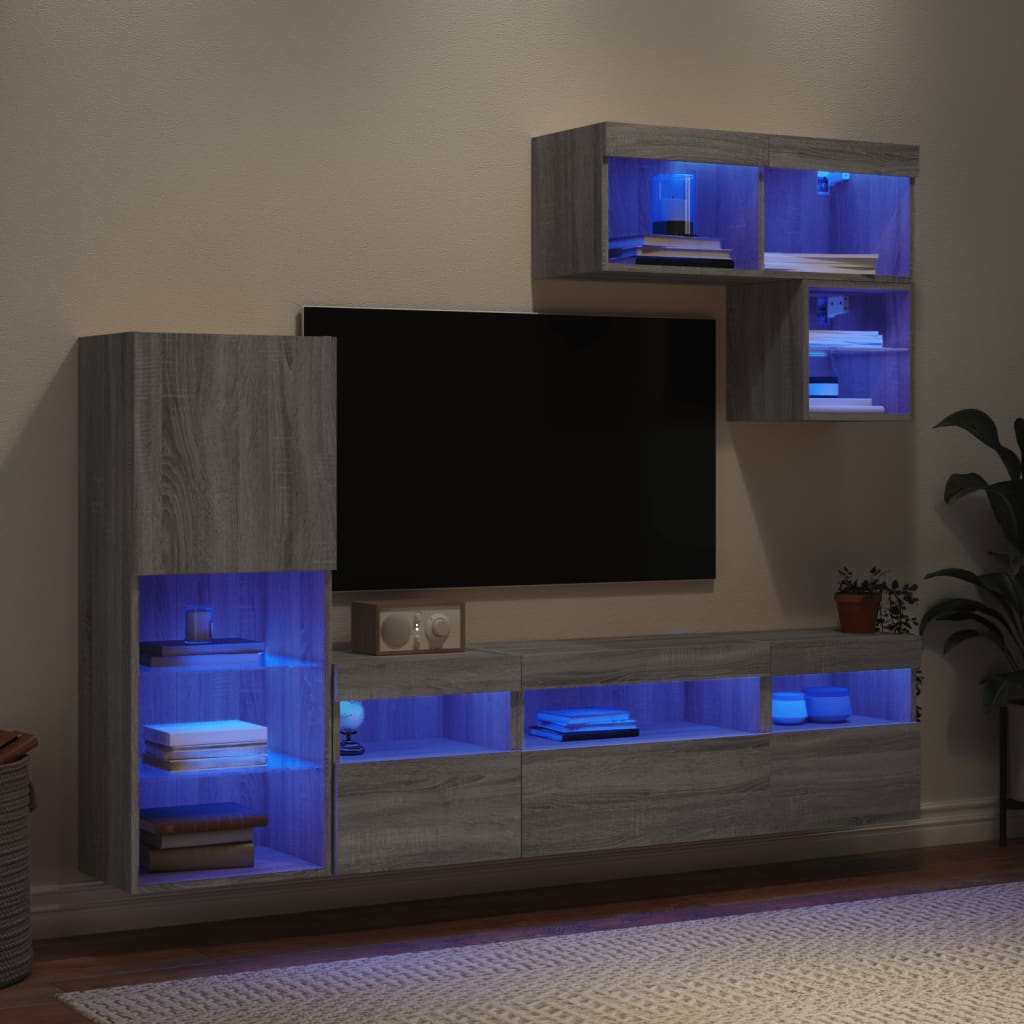 Mobili TV a Muro con LED 6pz Grigio Sonoma Legno Multistrato - homemem39