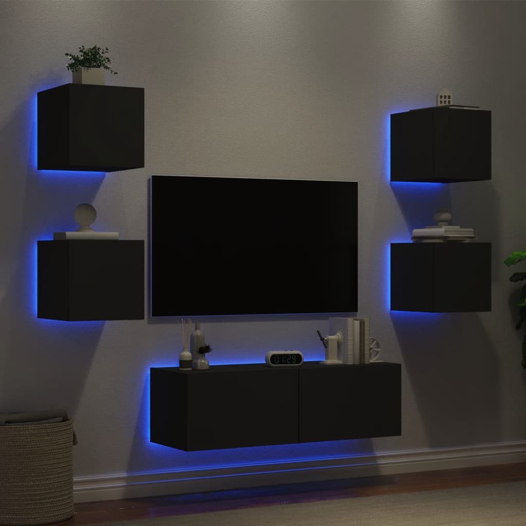 Mobili TV a Muro 5pz con Luci LED Neri