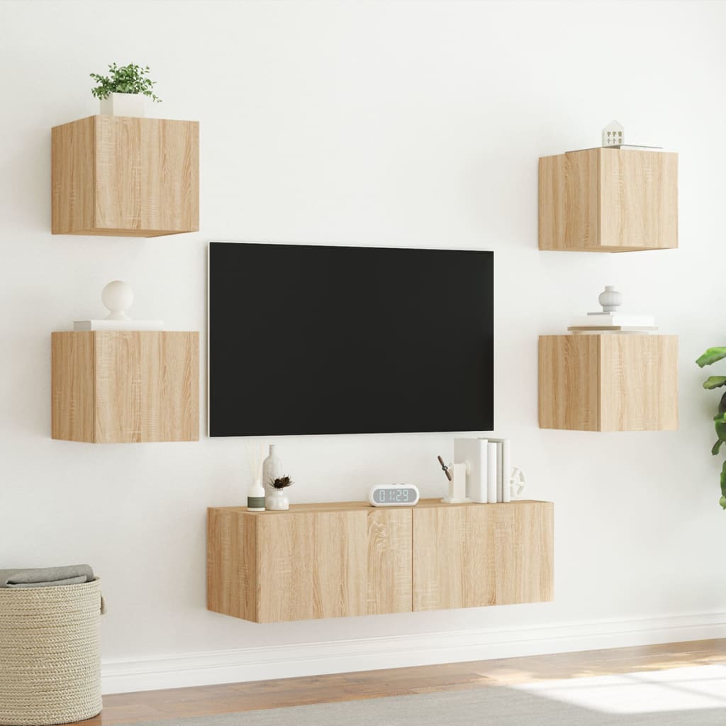 Mobili TV a Muro 5pz con Luci LED Rovere Sonoma