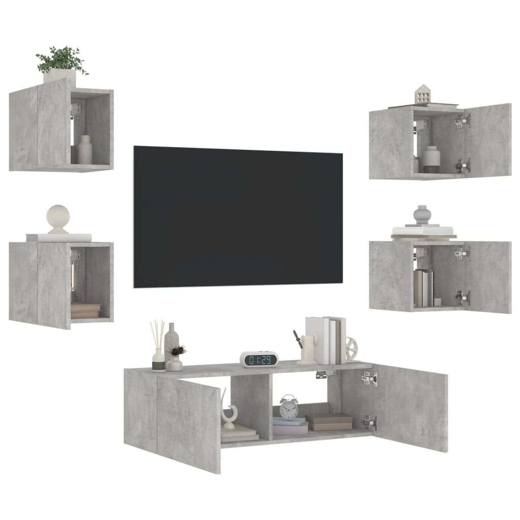 Mobili TV a Muro 5pz con Luci LED Grigio Cemento - homemem39