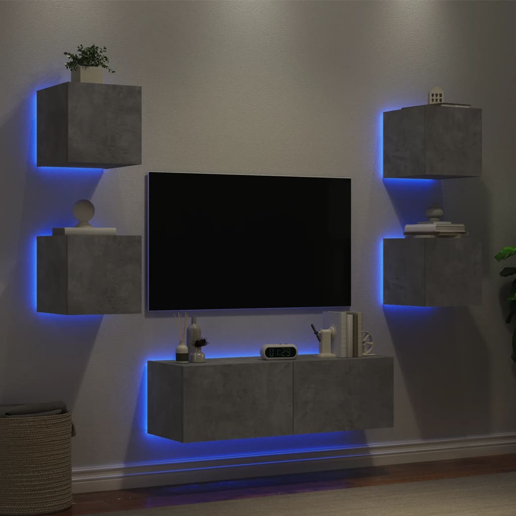 Mobili TV a Muro 5pz con Luci LED Grigio Cemento