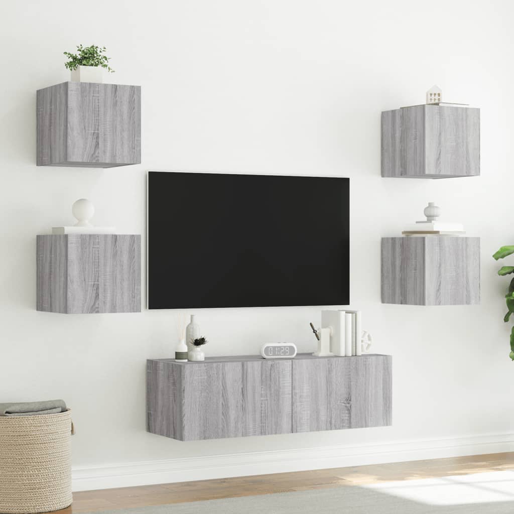 Mobili TV a Muro 5pz con Luci LED Grigio Sonoma