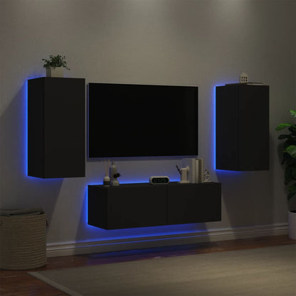 Mobili TV a Muro 3pz con Luci LED Neri