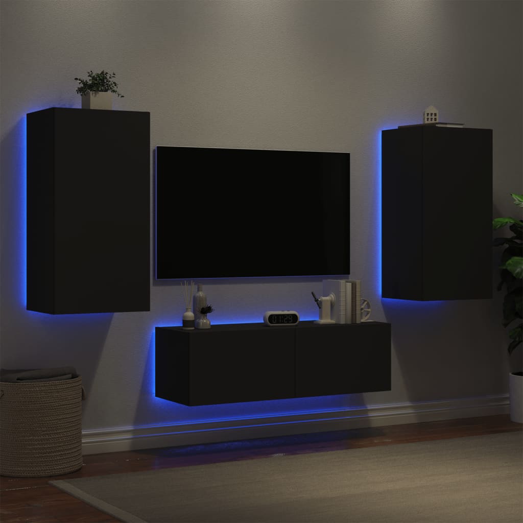 Mobili TV a Muro 3pz con Luci LED Neri