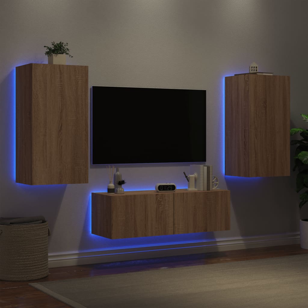 Mobili TV a Muro 3pz con Luci LED Rovere Sonoma