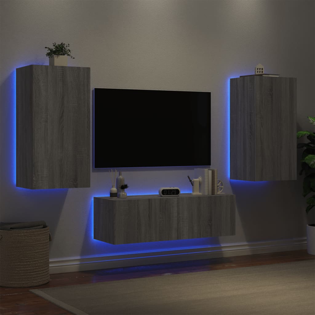 Mobili TV a Muro 3pz con Luci LED Grigio Sonoma