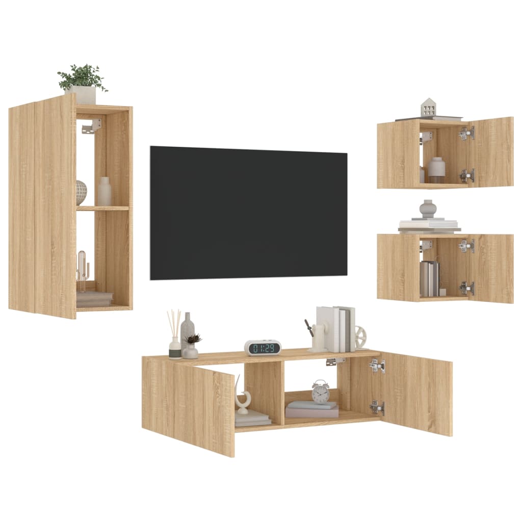 Mobili TV a Muro 4pz con Luci LED Rovere Sonoma