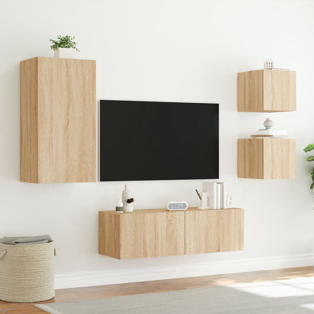 Mobili TV a Muro 4pz con Luci LED Rovere Sonoma - homemem39