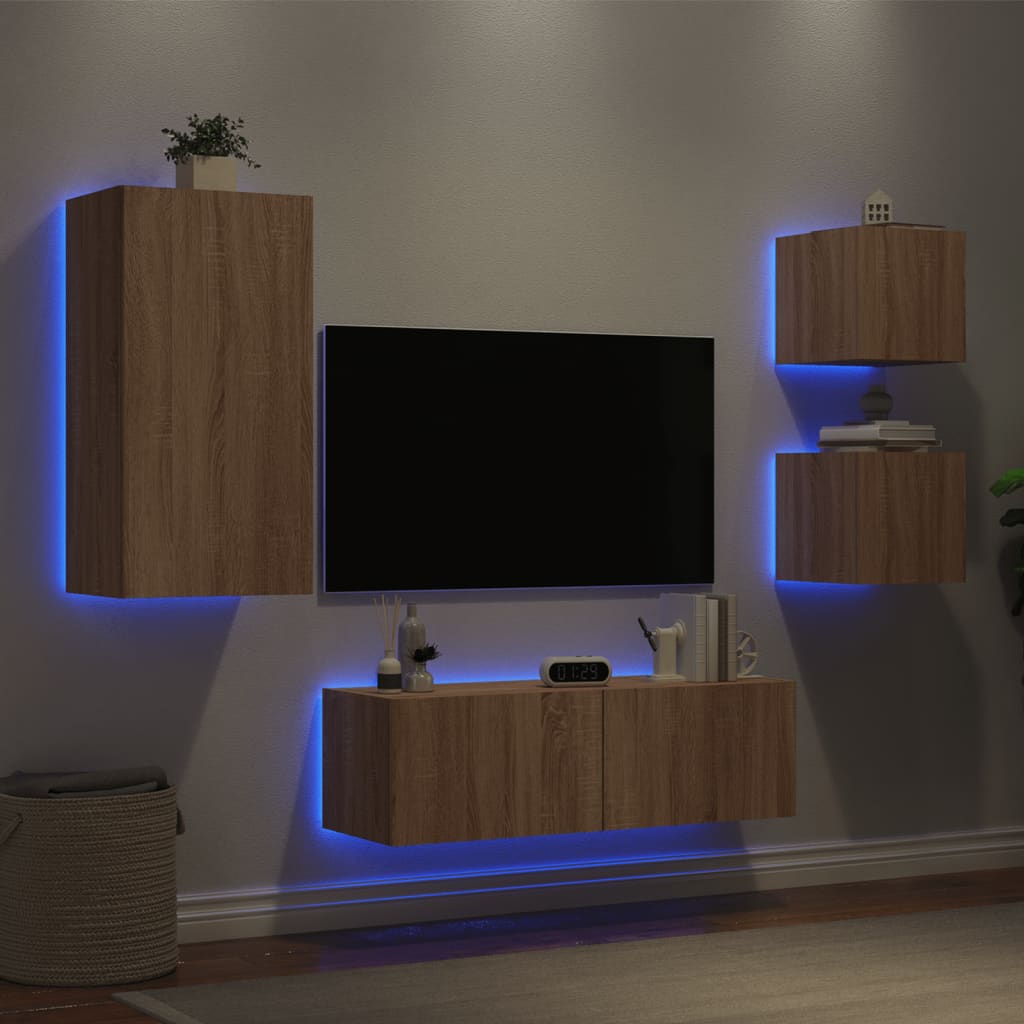 Mobili TV a Muro 4pz con Luci LED Rovere Sonoma - homemem39