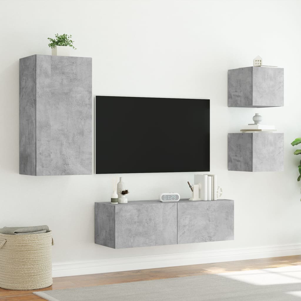 Mobili TV a Muro 4pz con Luci LED Grigio Cemento