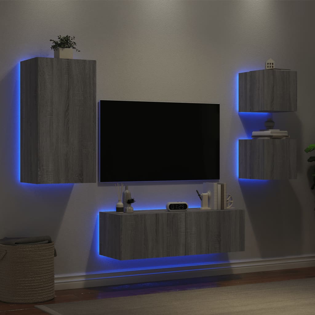 Mobili TV a Muro 4pz con Luci LED Grigio Sonoma - homemem39