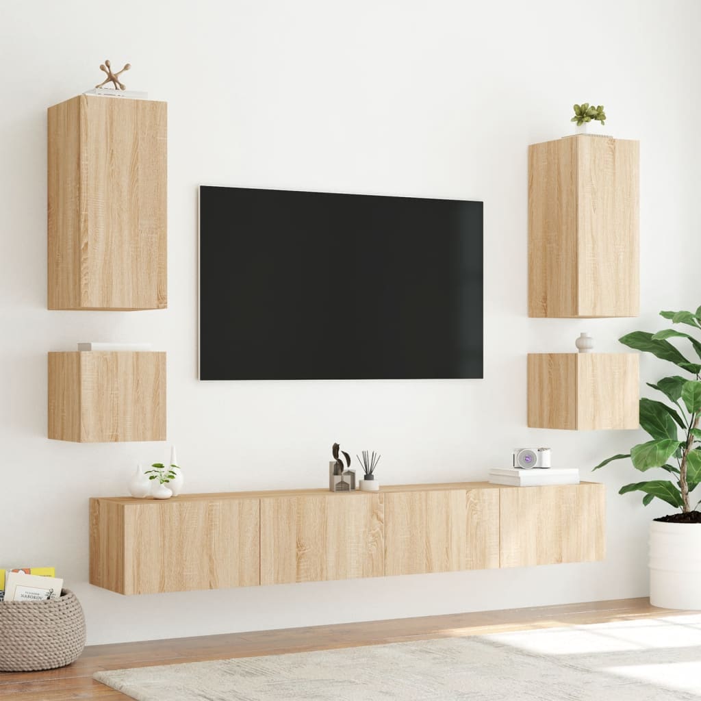 Mobili TV a Muro 6pz con Luci LED Rovere Sonoma