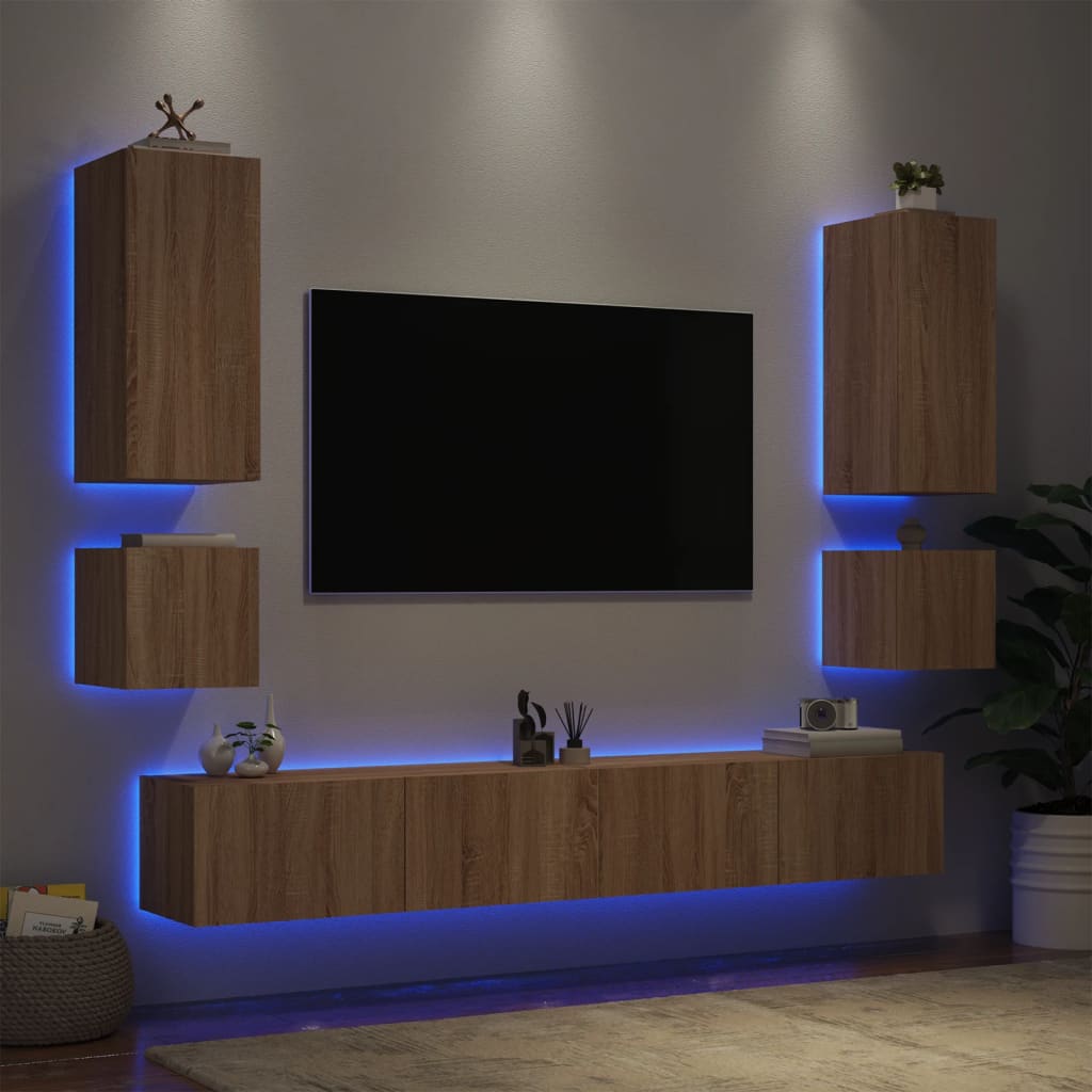 Mobili TV a Muro 6pz con Luci LED Rovere Sonoma