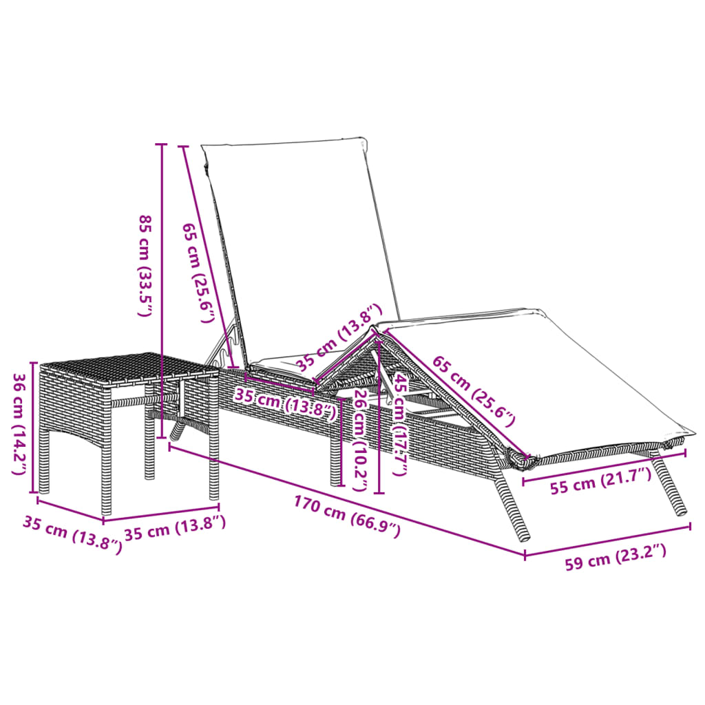 Lettini Prendisole 2 pz con Tavolino Nero in Polyrattan - homemem39