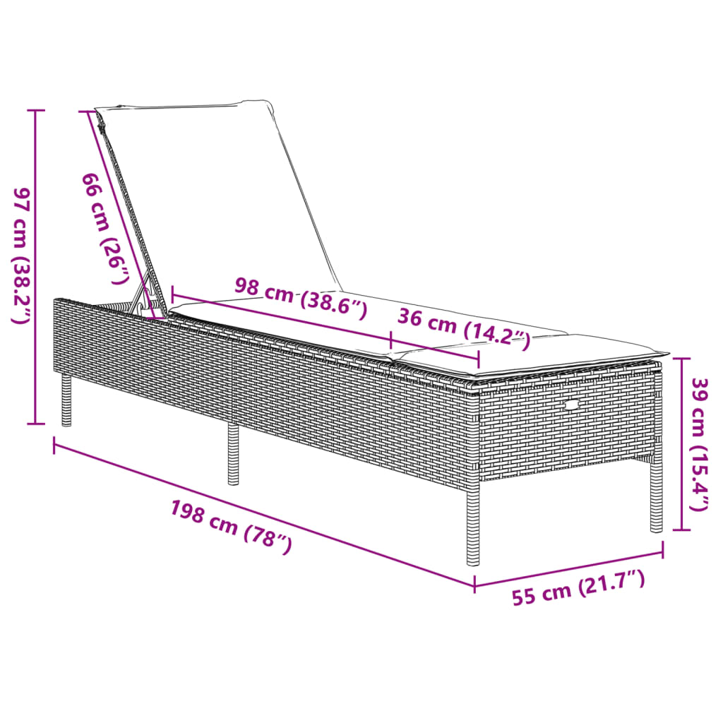 Lettino Prendisole con Cuscino Nero in Polyrattan - homemem39