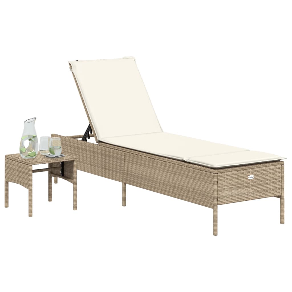 Lettino Prendisole con Tavolo e Cuscino Beige in Polyrattan - homemem39