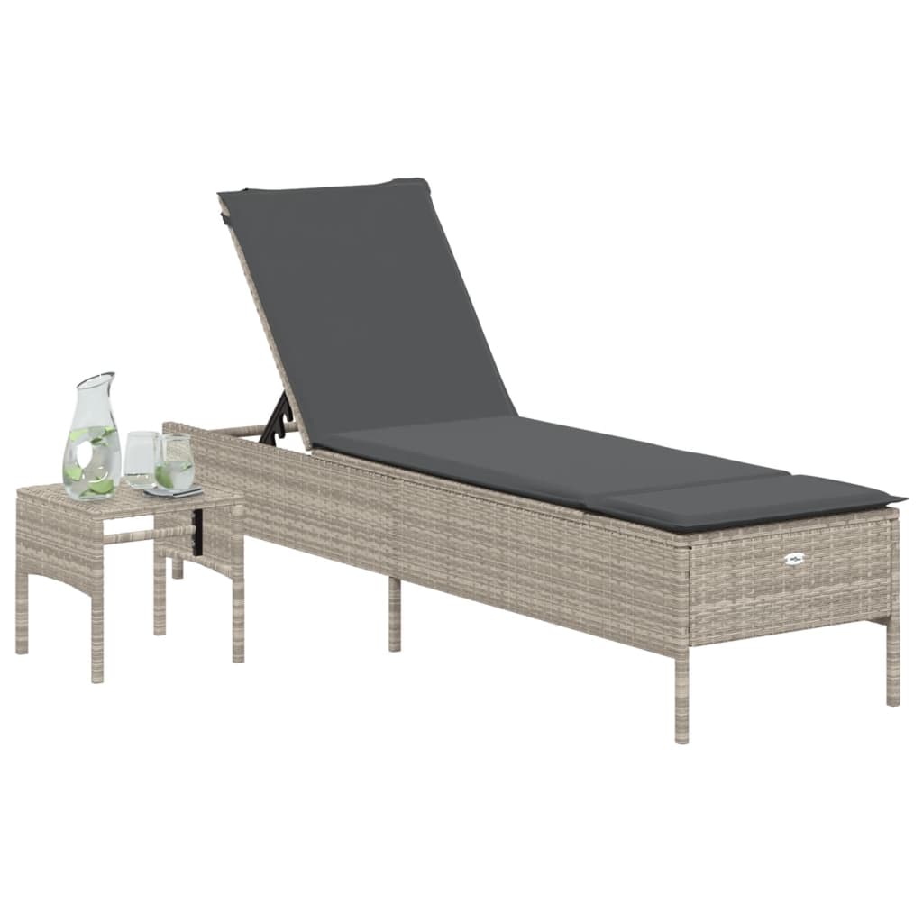 Lettino con Tavolo e Cuscino Grigio Chiaro in Polyrattan - homemem39