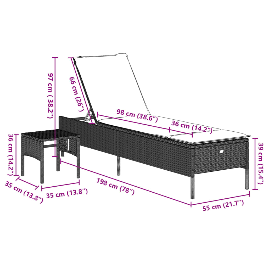 Lettino con Tavolo e Cuscino Grigio Chiaro in Polyrattan - homemem39