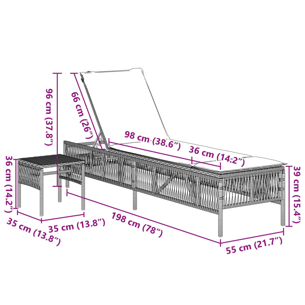 Lettini Prendisole 2 pz con Tavolino Nero in Polyrattan - homemem39