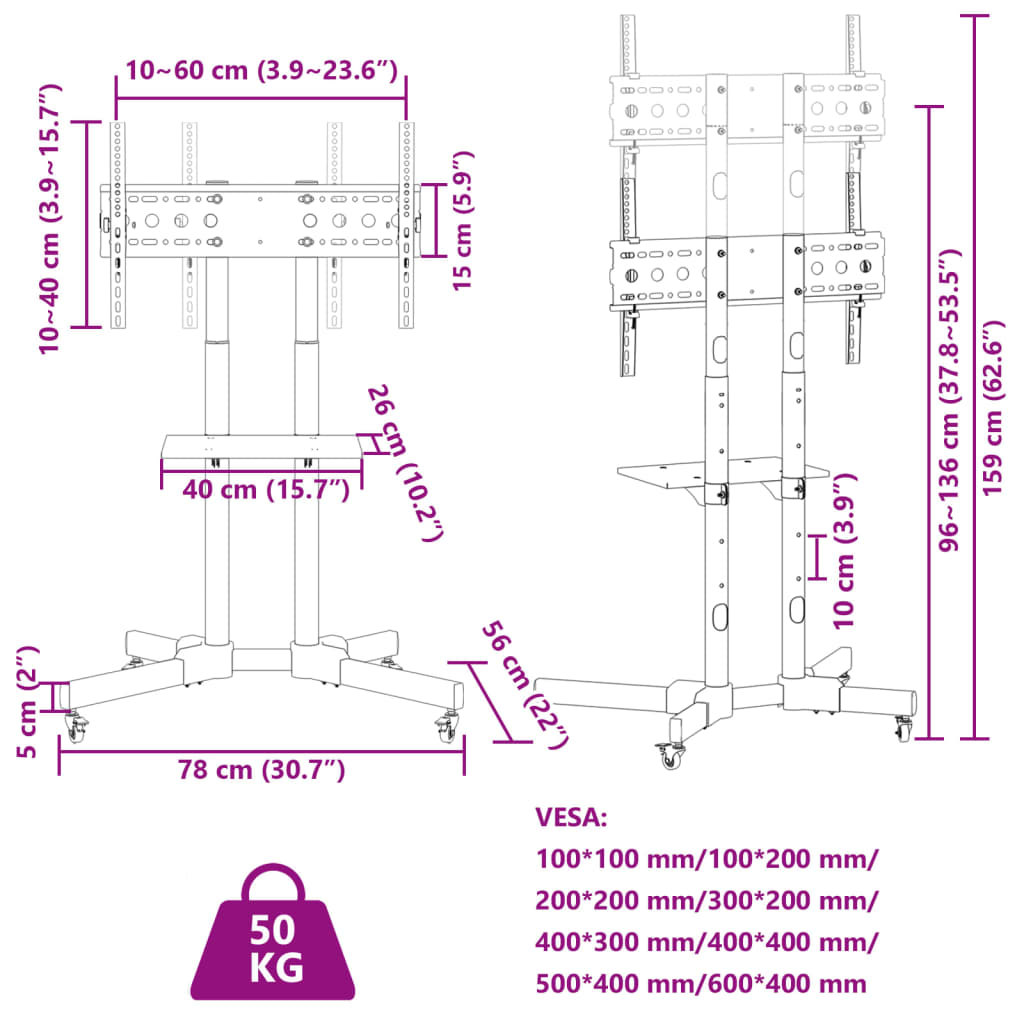 Supporto TV su Ruote Schermo 32"-70" Max VESA 600x400 mm 50kg