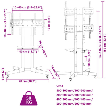 Supporto TV su Ruote Schermo 32"-70" Max VESA 600x400 mm 50kg