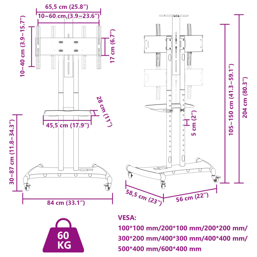 Supporto TV con Ruote Schermo 32"-70" Max VESA 600x400 mm 60kg