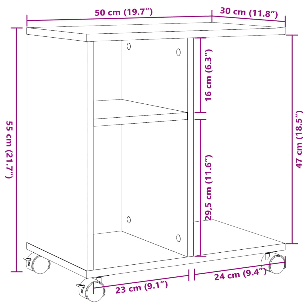 Tavolino con Ruote Grigio Cemento 50x30x55 cm Legno Multistrato