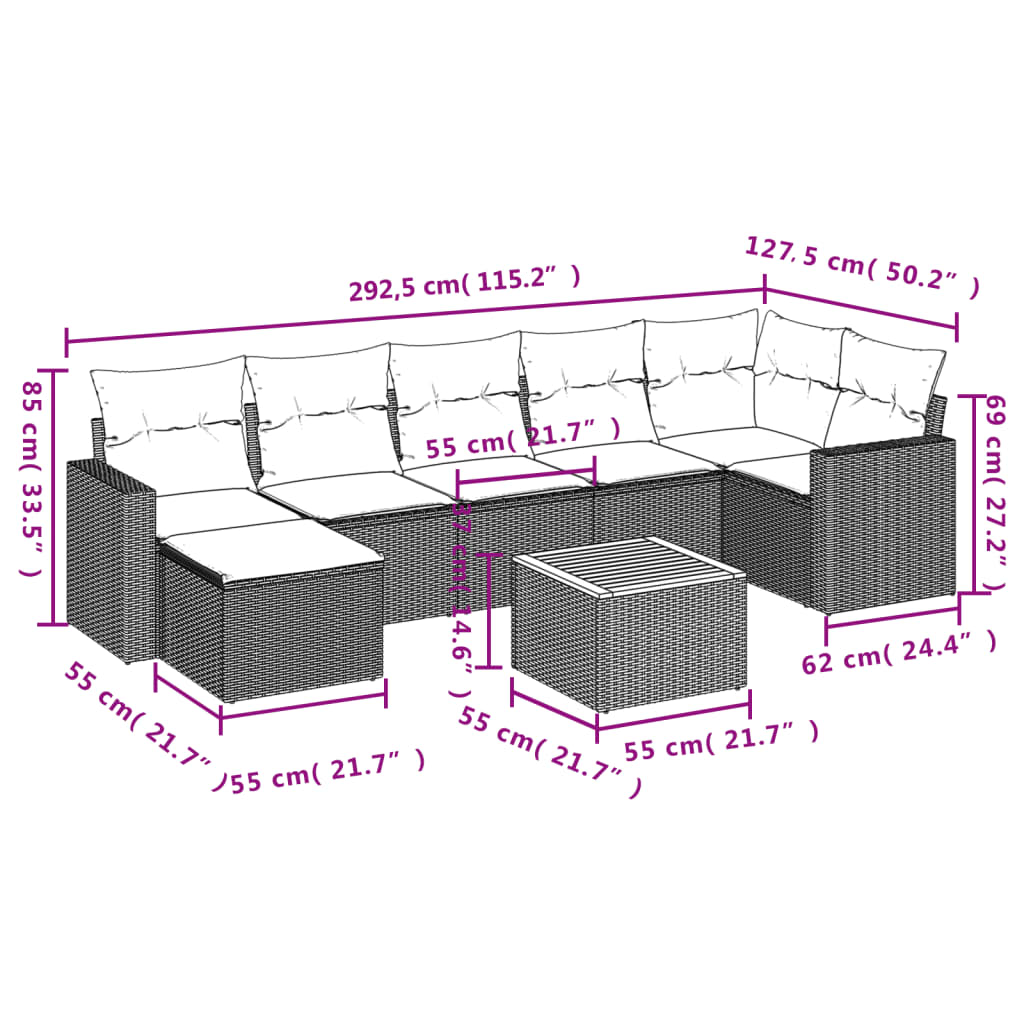 Set Divano da Giardino 8 pz con Cuscini Grigio in Polyrattan - homemem39