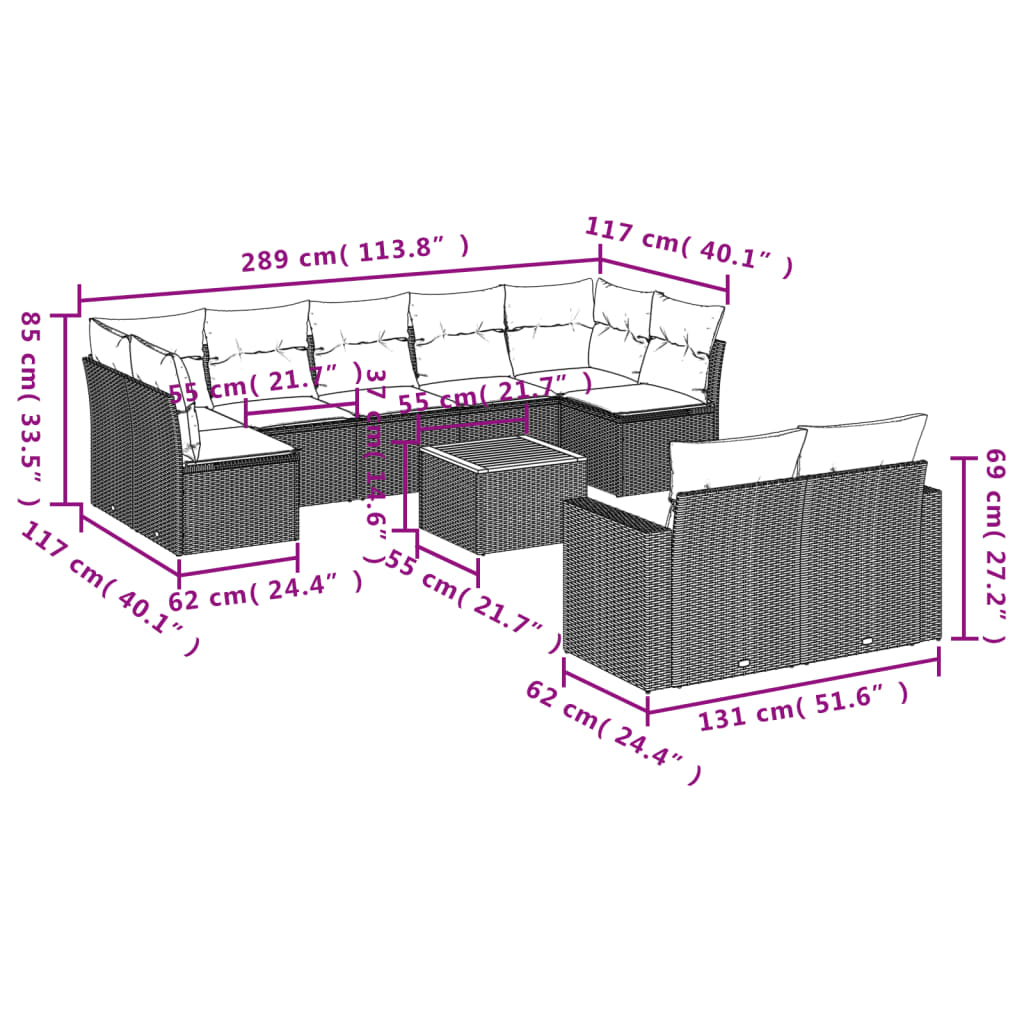 Set Divano da Giardino 10 pz con Cuscini Grigio in Polyrattan - homemem39